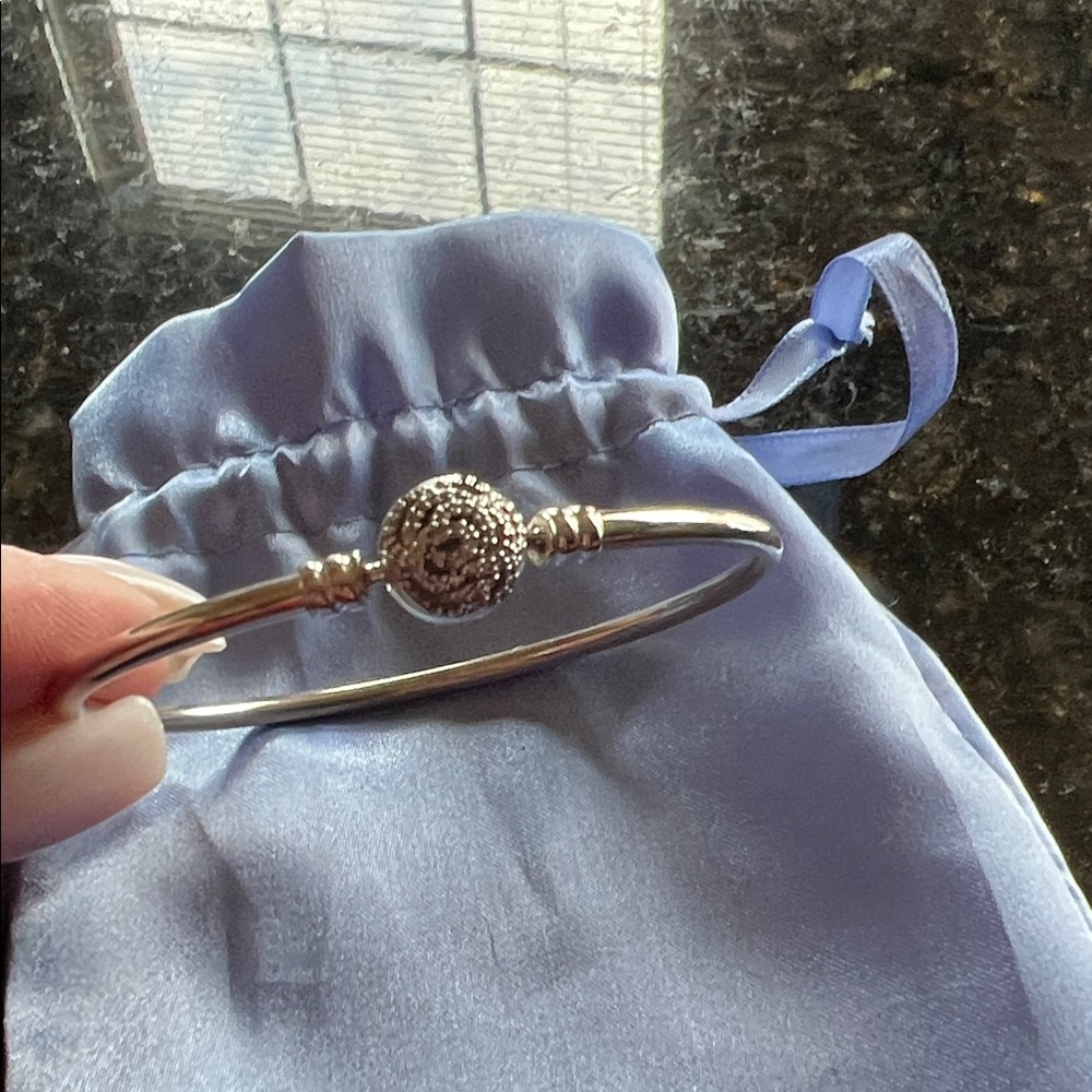 Auth Pandora Sterling Silver Pavé Rose Bangle Bracelet - Silver 7.5”